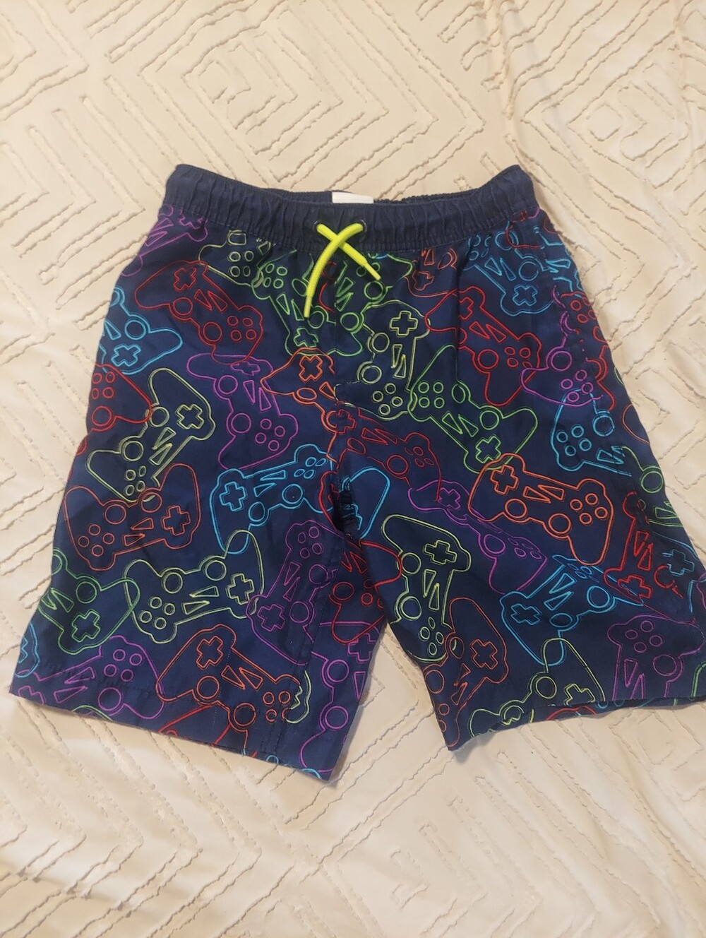 Lands' End Boys Gamer Swim Trunks Navy Neon Video Game Controller Board Shorts L